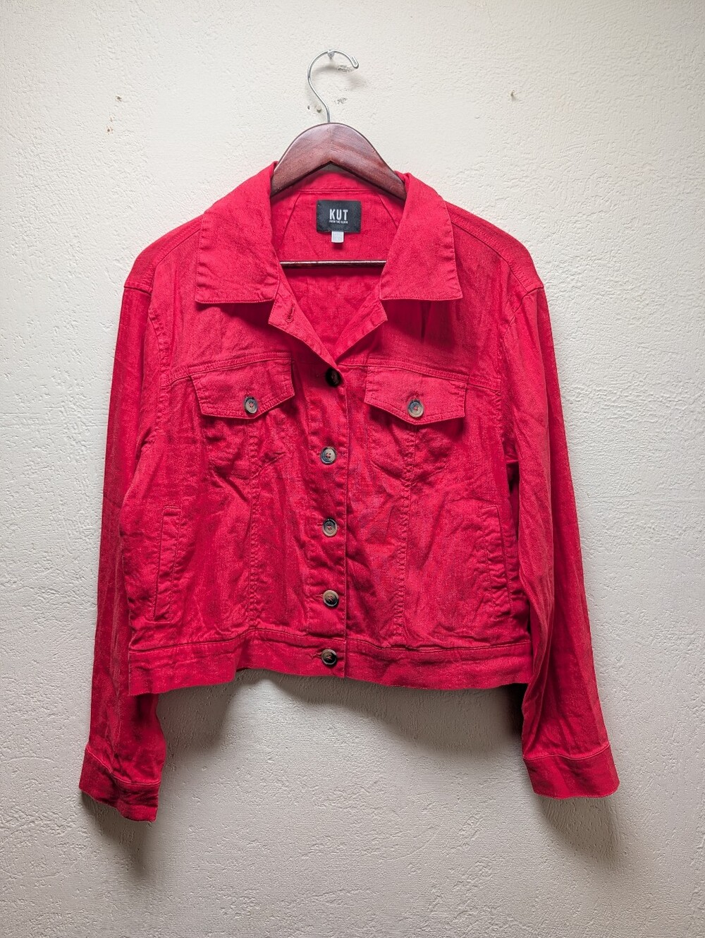 KUT from the Kloth Julia Linen Blend Trucker Jacket Red Crop Women's Size Large